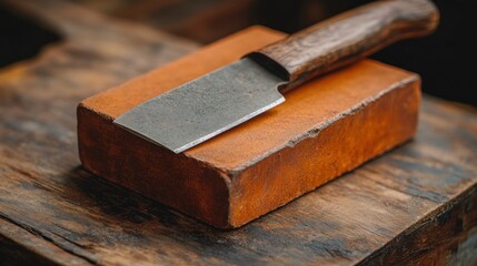 Rustic handcrafted knife on sharpening stone.