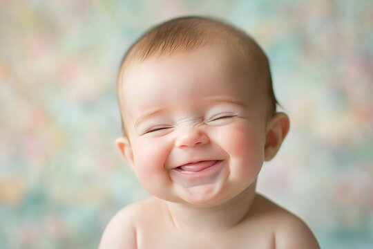 portrait of baby laughing during studio shoot with soft natural lighting and blurred pastel backdrop
