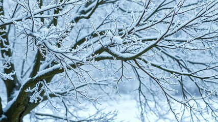Multiple branches of a deciduous tree with white frost covering its leaves and twigs, winter, landscape