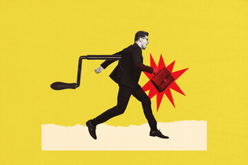 Banner composite photo trend image collage of angry businessman run work win up toy lever rush development late job carry briefcase