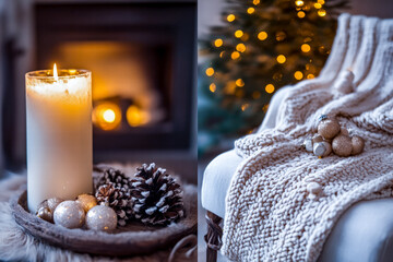 A warmly lit living room featuring a Christmas tree, glowing candles, soft dåecor, and a fireplace.