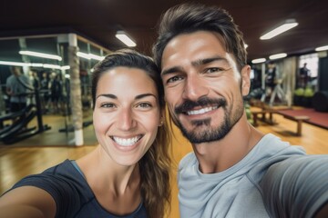 Smiling man and woman taking a selfie at the gym after training