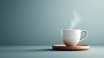 Fototapeta premium Brewing serenity elegant white ceramic coffee cup with rising steam in a minimalist setting captivating still life composition for coffee lovers