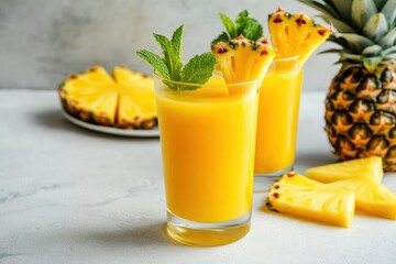 Two glasses of pineapple juice with slices and fresh fruit.