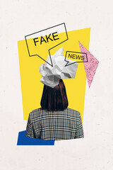 Vertical collage young woman fake news propaganda mass media information textbox message brainwashing drawing background