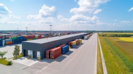 Aerial View of Shipping Containers at a Logistics Facility on a Sunny Day with Blue Sky