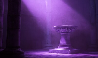 Purple-lit stone chamber, ancient basin, columns.