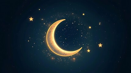 Fototapeta premium Glowing crescent moon and stars on dark blue night sky background.