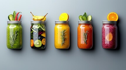 Obraz premium Creating fresh fruit and vegetable smoothie jars a colorful culinary delight in a modern kitchen setting for health enthusiasts