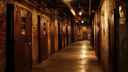 Fototapeta premium Dark hallway with many wooden doors.