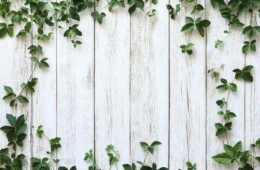 Fototapeta premium Green vines on white wooden planks.