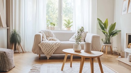 Fototapeta premium Bright living room with plants, wooden furniture.