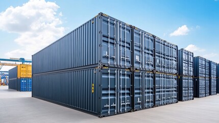 Stacked Shipping Containers at a Modern Port Under Clear Blue Sky with Bright Sunlight and Cloudy Background