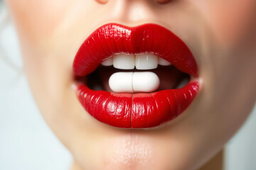 Obraz premium A close-up of glossy red lips slightly parted to reveal two white teeth.