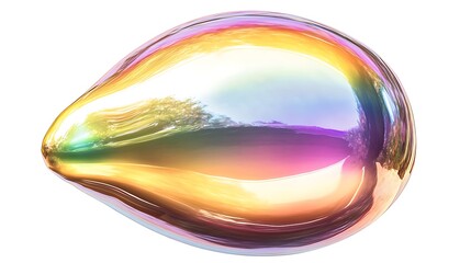 Iridescent teardrop-shaped object with reflective surface and rainbow colors isolated on white background.