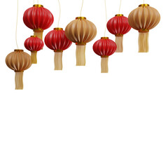 Chinese Lanterns isolated on transparent background, Chinese New Year, Mid Autumn Festival background. Asian new year red lamps festival. Lunar holiday and festival concept. 3D rendering illustration