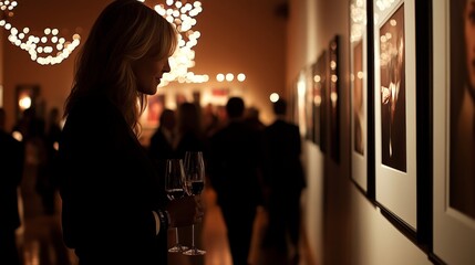Woman With Glass of Wine Examining Photos on Display During Gallery Art Exhibition Reception