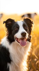 Fototapeta premium Smiling black and white dog outdoors at sunset.