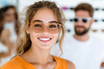 A young woman in an orange top is posing confidently with stylish glasses in an eyewear store. She is smiling with various eyeglasses displayed in the background.