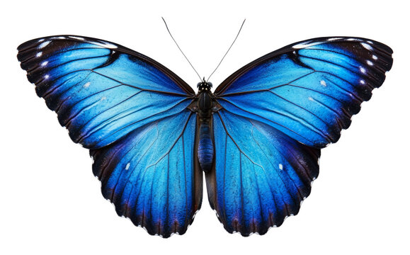 Vibrant blue morpho butterfly with detailed wing patterns, isolated. Nature and biodiversity concept