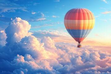 Obraz premium Colorful hot air balloon flying over beautiful cumulus clouds, illuminated by the warm light of the setting sun, creating a picturesque and serene aerial view
