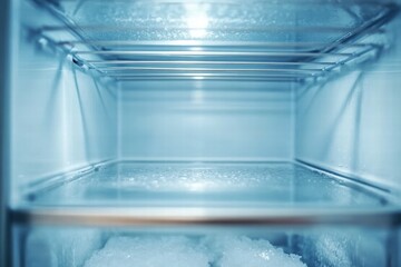 An empty freezer showcases a frosty interior with wire racks, capturing the cold, icy atmosphere typically found in household or commercial freezers, evoking a sense of freshness.