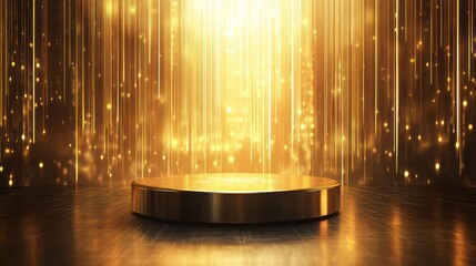 Golden podium with light streaks and glittery bokeh.