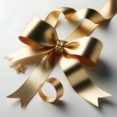 Golden ribbon with bow, isolated on white.