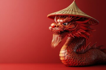 A Chinese dragon wearing a traditional bamboo hat. Artistic abstract composition with red background and copy space.