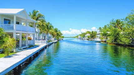 Obraz premium Waterfront homes, tropical canal, blue water, sunny day.