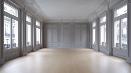 Fototapeta premium Empty room with large windows and wood floor.