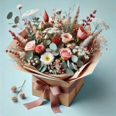  A bouquet of flowers in a box decorated with ribbon. 
