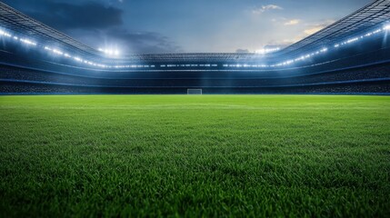 Fototapeta premium Lush Green Sports Field Under Bright Stadium Lights at Dusk, Perfect for Soccer Matches and Events