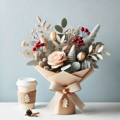 A beautiful bouquet in a package on the table.