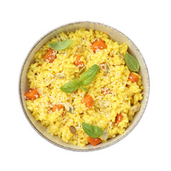 Delicious pumpkin risotto in bowl isolated on white, top view