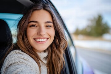 A joyful woman peeks out of a car window, beaming smiles against an icy backdrop, capturing a serene and positive moment in a wintry setting.