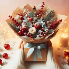 Christmas still life with a gift box, bouquet, Christmas balls and a candle.