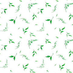 Twigs with green leaves and buds on a seamless pattern. Watercolor digital illustration. Spring twigs curl around gypsophila, isolated on a white background. Floral sunny pattern