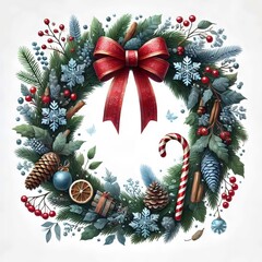 Christmas wreath with decorations and ribbon.