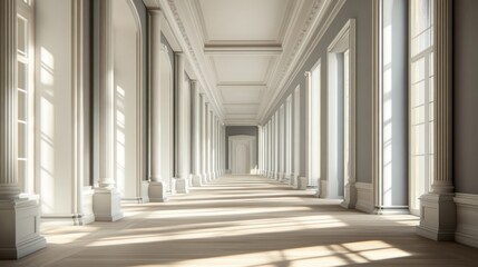 Hallway with white columns, sunlight, and hardwood floor.