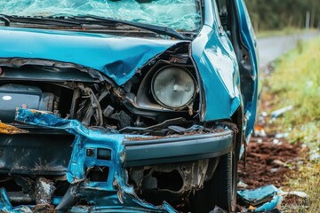 Fototapeta premium A blue vehicle is depicted with substantial front-end collision damage, revealing twisted metal and cracked components on a roadside, symbolizing urban accident aftermath.
