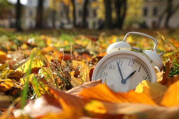 Alarm clock on dry leaves in park, closeup. Space for text
