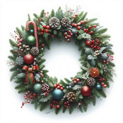 Christmas wreath decorated with festive decorations, isolated on a white background.