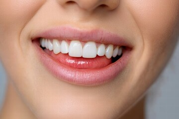 Obraz premium A close-up image of a person's smile showing white teeth and lips slightly parted, with one tooth biting the lower lip, conveying a playful expression.