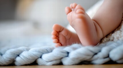 A charming close-up of tiny baby feet nestled warmly on a plush, blue, chunky-knit blanket, evoking calmness and newborn tenderness in a homely environment.