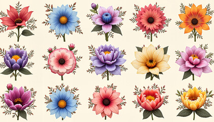 Colorful floral pattern featuring various flowers arranged in a grid design
