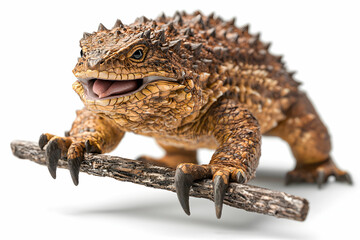 Obraz premium Detailed Close-up of a Realistic Spiky Lizard Displaying Its Unique Features on a Branch Against a White Background