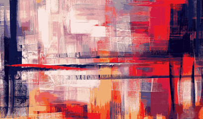 Abstract artwork blending crimson red, soft pink, and deep navy hues, vector background with textured brushstrokes creating a visually striking modern painting full of vibrant energy and depth