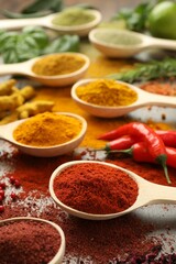 Different aromatic spices and herbs on table, closeup