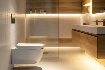 sleek bathroom featuring minimalistic toilet wooden accents and white tiles